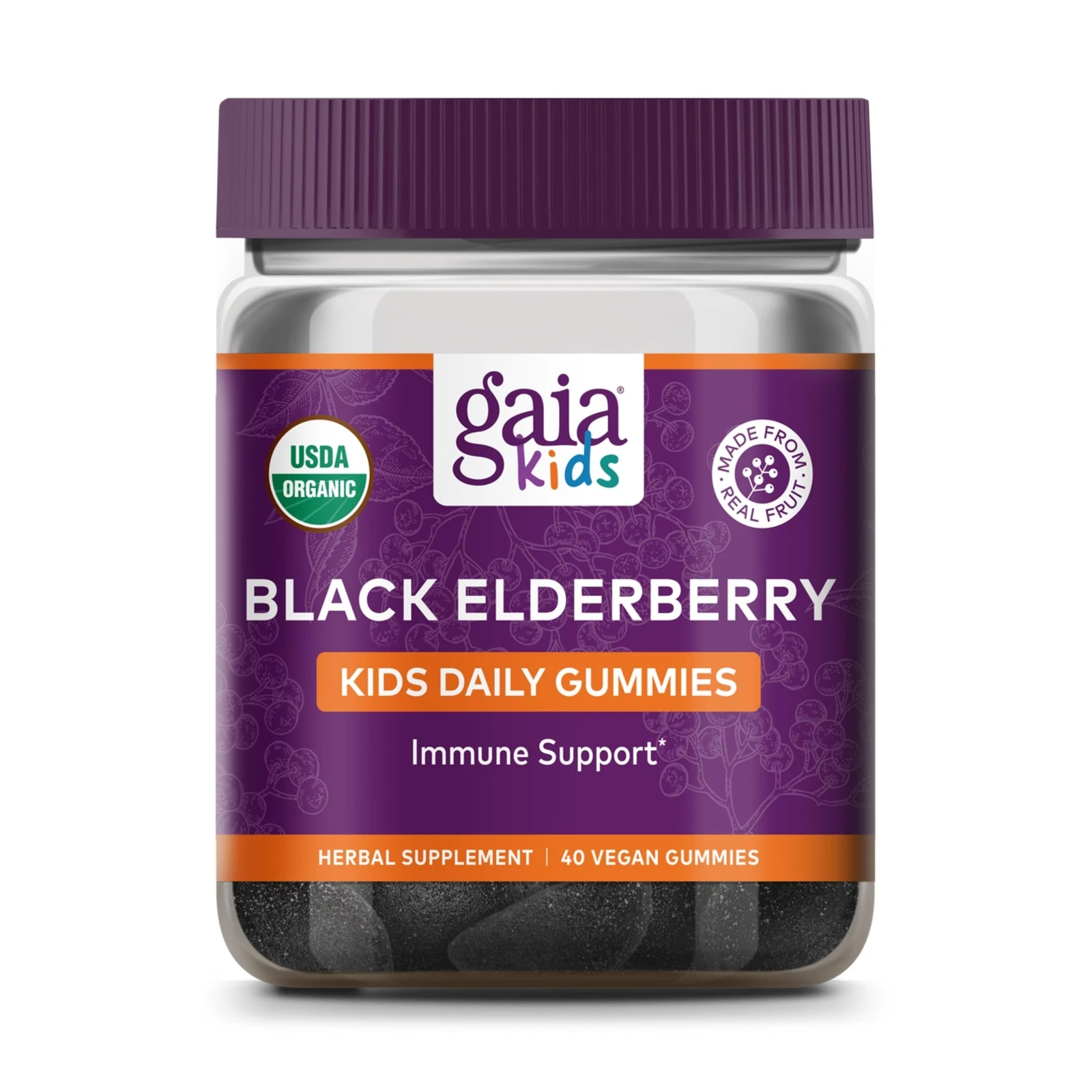 Gaia Herbs Organic Black Elderberry Kids Daily 40 Gummies 231mg Immune Support
