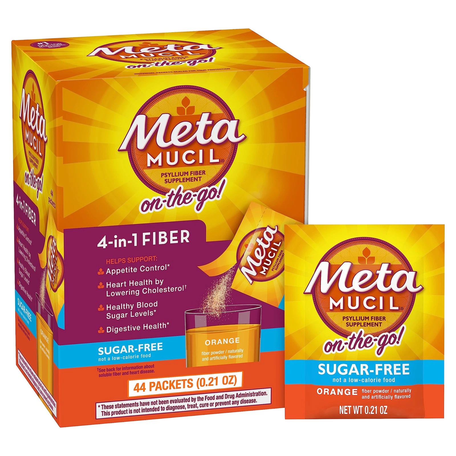 Metamucil On-The-Go, Daily Psyllium Husk Powder Supplement, Sugar-Free Powder, 4