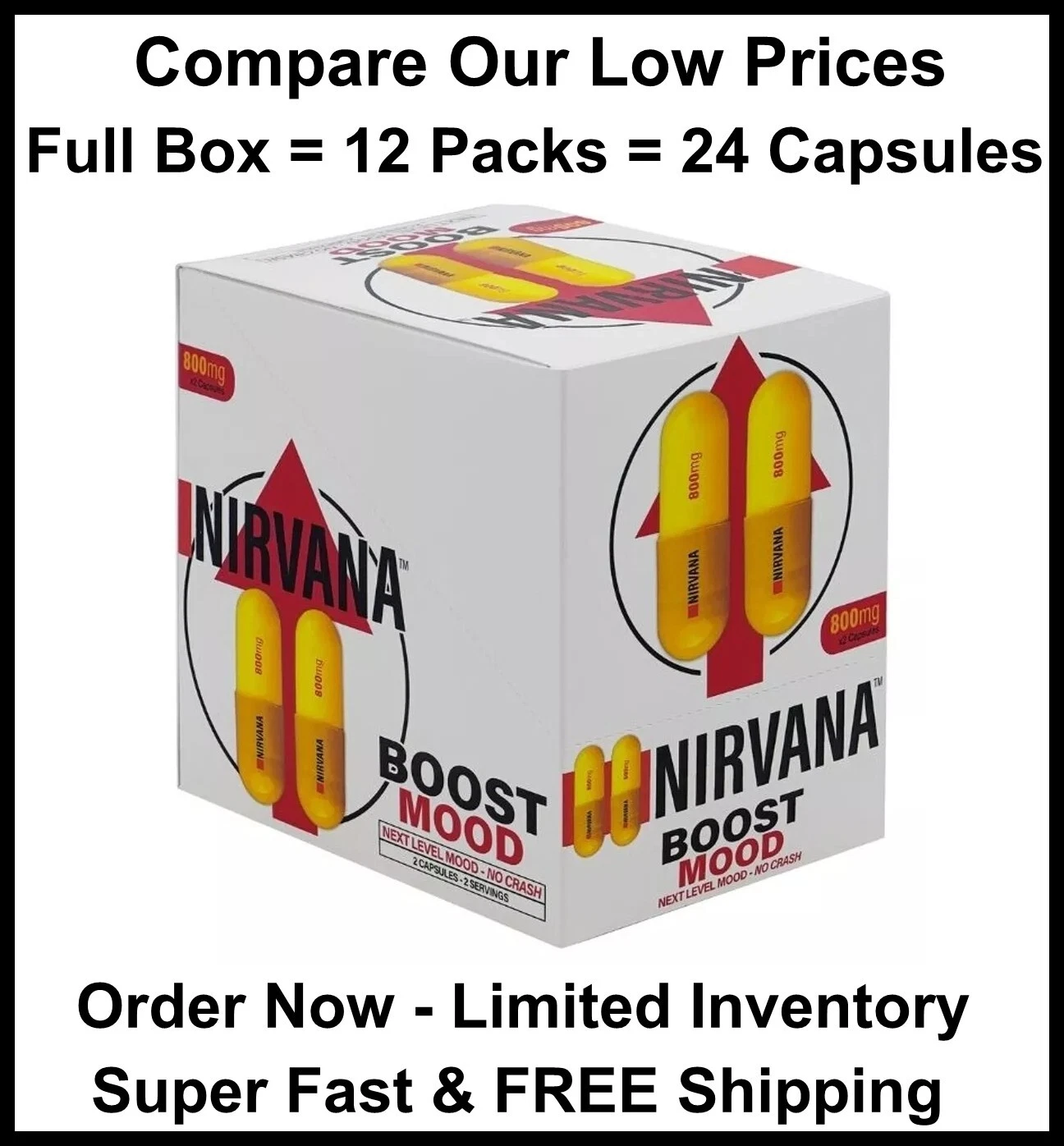 12ct Nirvana 800mg 24 Cap (Full Box) Elevate Mood Top Level-No Crash - Exp 3/27