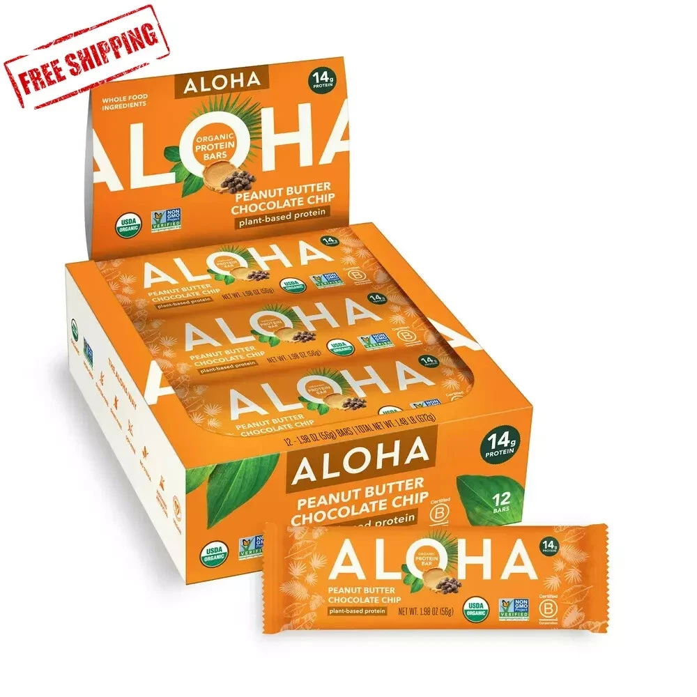 ALOHA, Plant Based Protein Bars, Peanut Butter Chocolate Chip (Pack of 12) 🌭🌭
