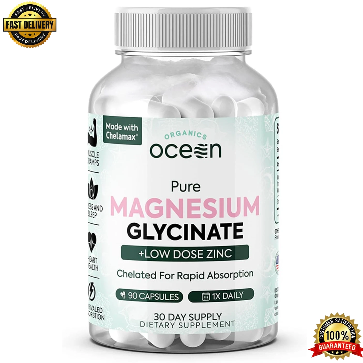 Organics Ocean Pure Magnesium Glycinate with Zinc - Maximum Strength - 90 CT