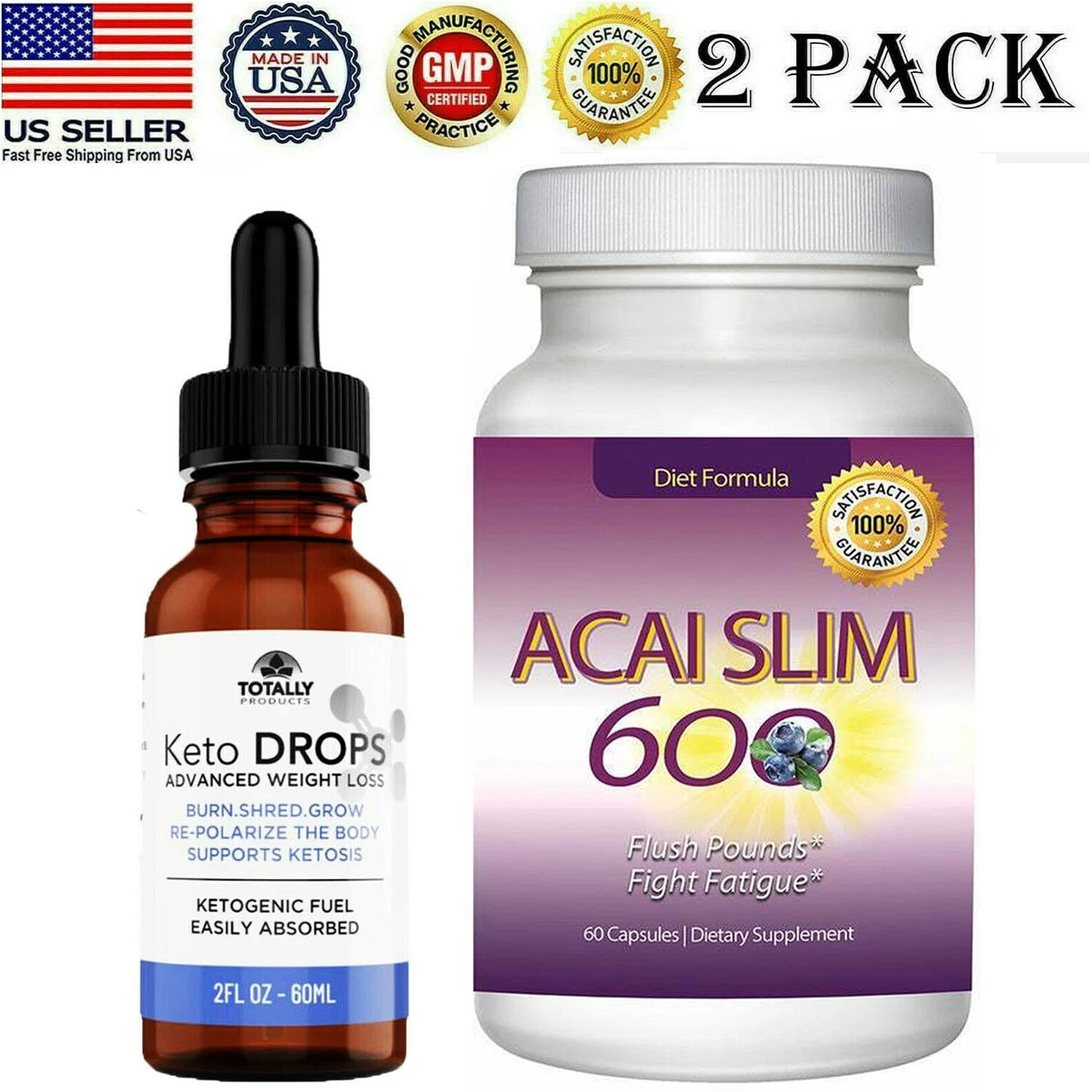 Keto Drops Ketogenic Fuel & Acai Berry Slim Weight Loss Dietary Capsules Combo