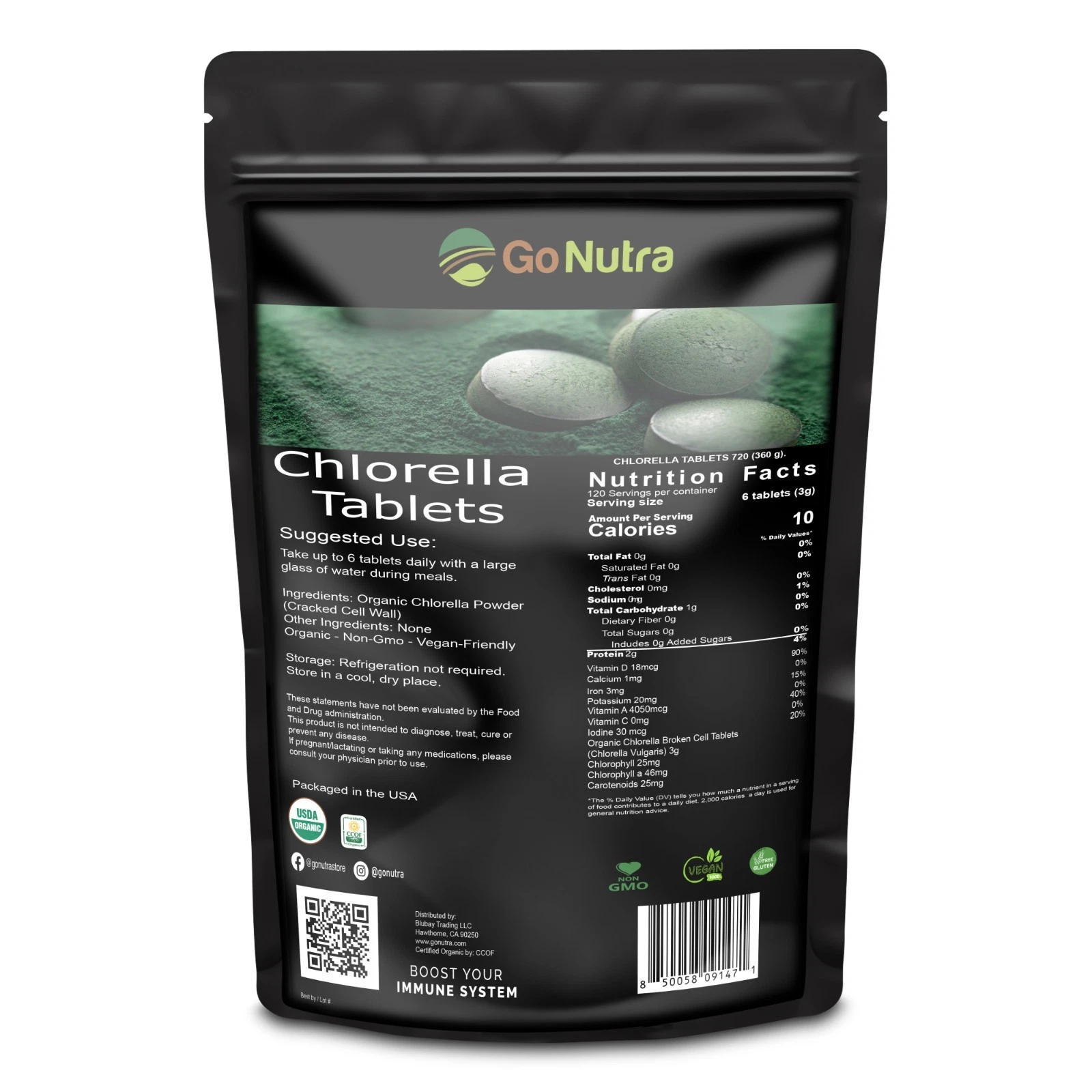 Organic Chlorella Tablets Broken Cell 250 mg tablets (1000 Tablets/83 servings)
