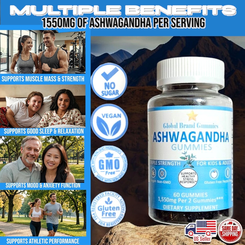 Ashwagandha Gummies 1550 MG w Vitamin D3 Sleep Mood Immune Performance 60 Ct