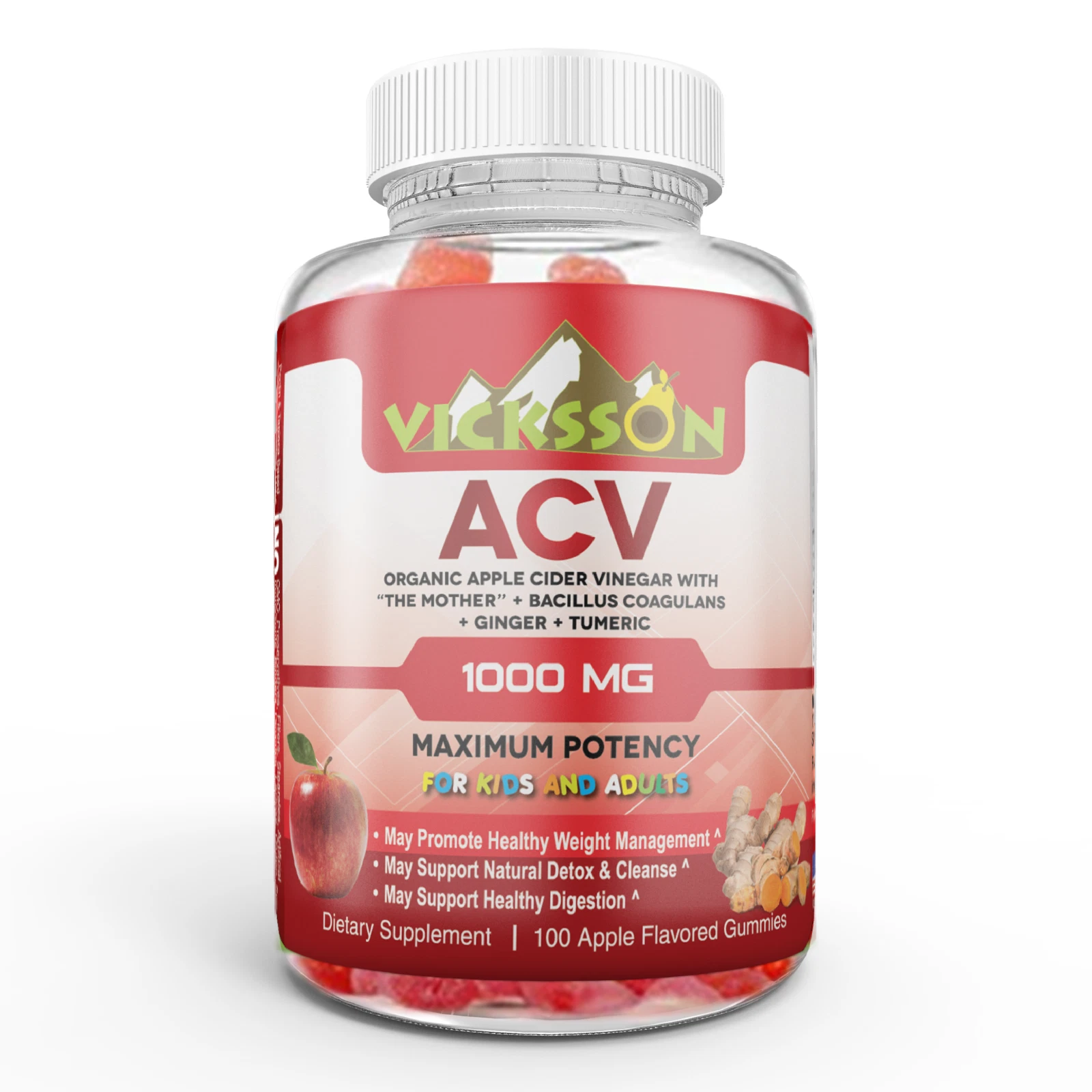 Vicksson Organic Apple Cider Vinegar Gummy 1000 mg ACV with The Mother | 100 Ct