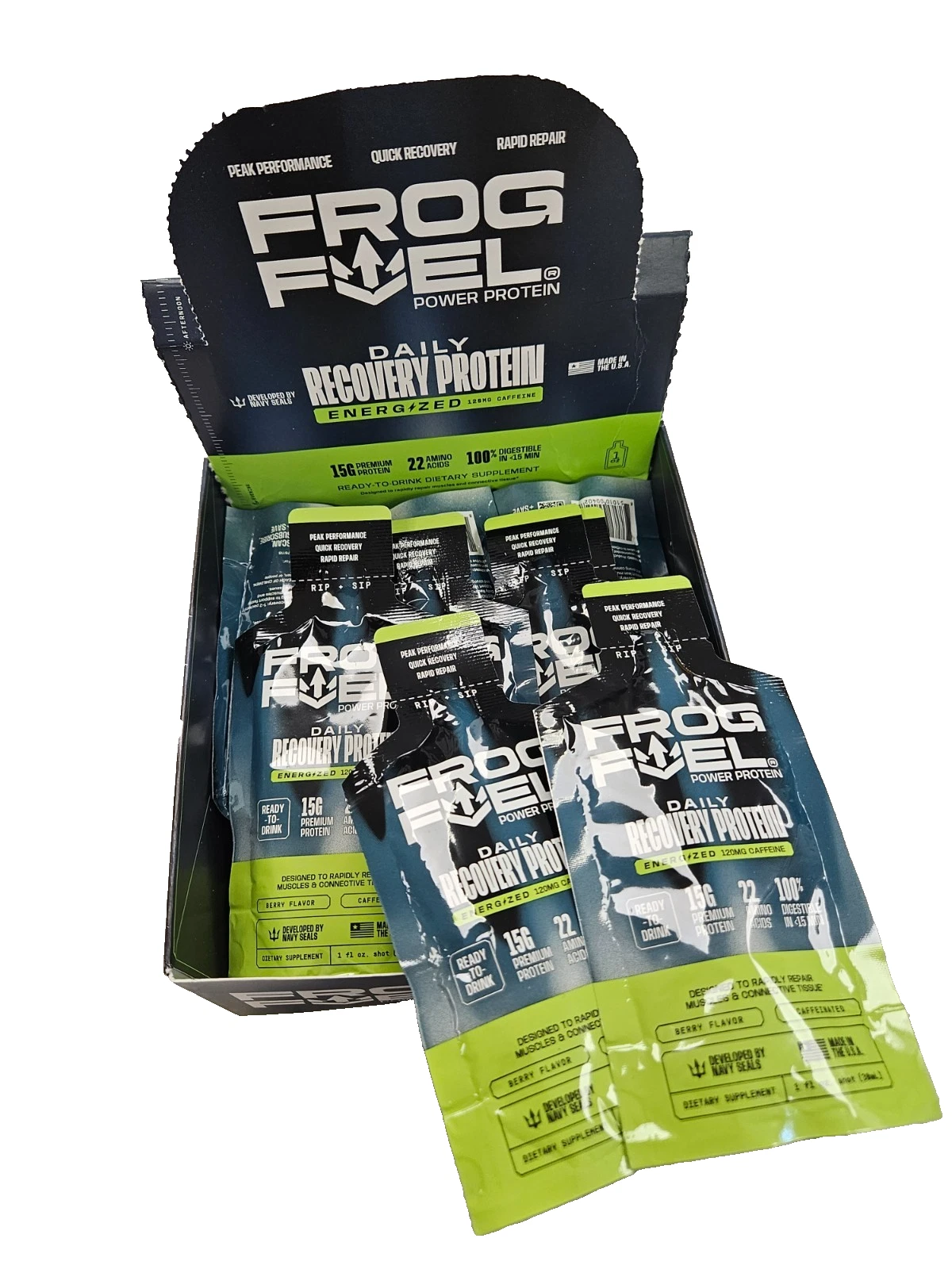 Frog Fuel ENERGIZED DAILY RECOVERY PROTEIN Shot ( 12 pouches ) __ GREEN