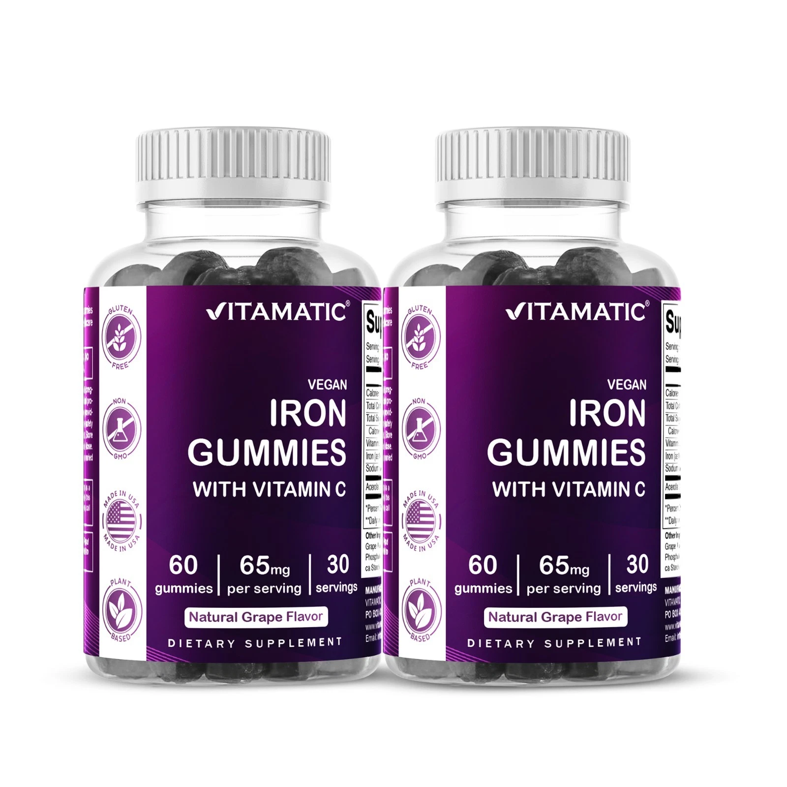 2- Pack Vitamatic Iron 65 mg Gummies for Women & Men - 60 Vegan Gummies