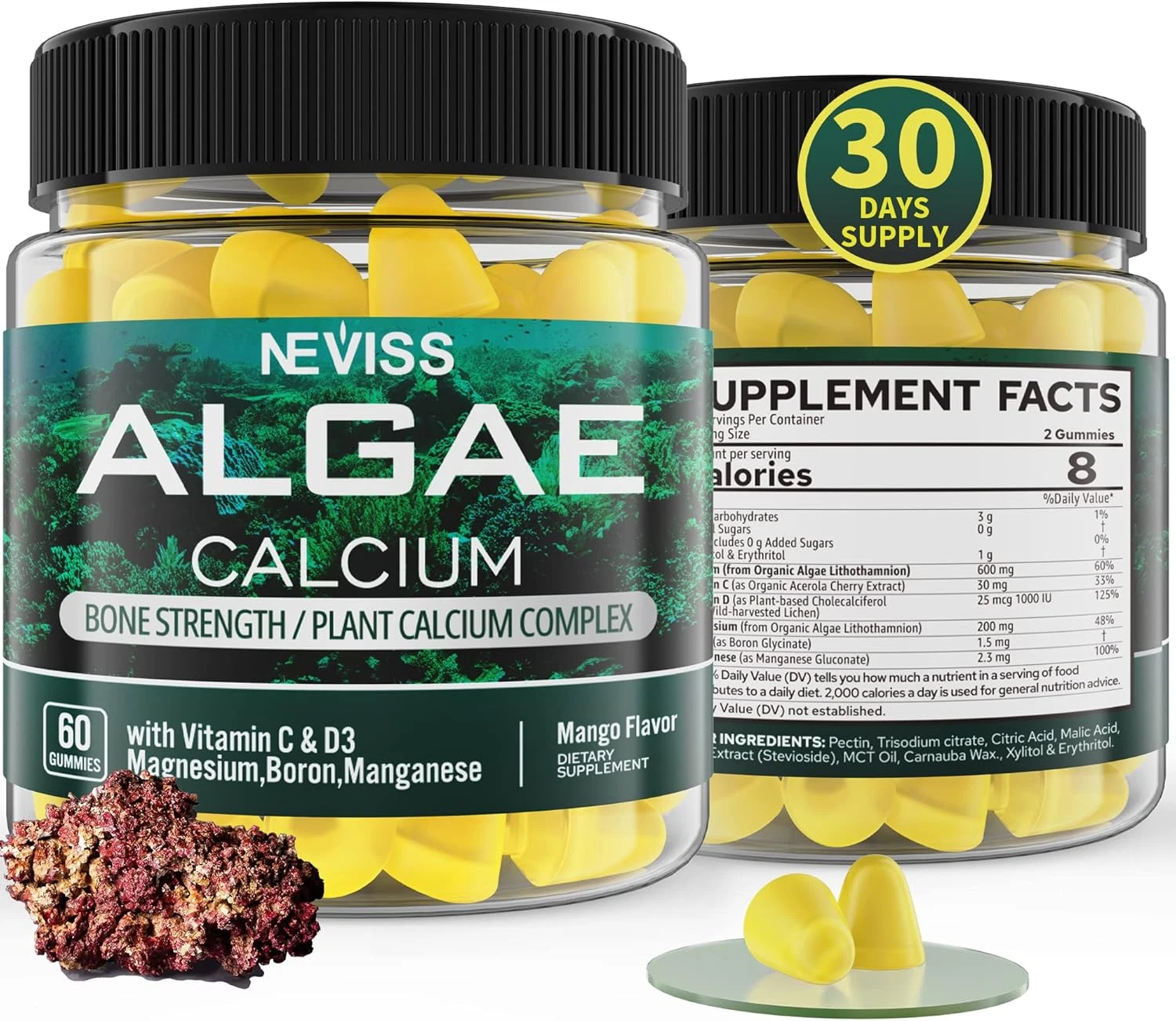 Algae Calcium Gummies 600mg with Vitamin D3, C, Magnesium, Boron, Manganese, Pla