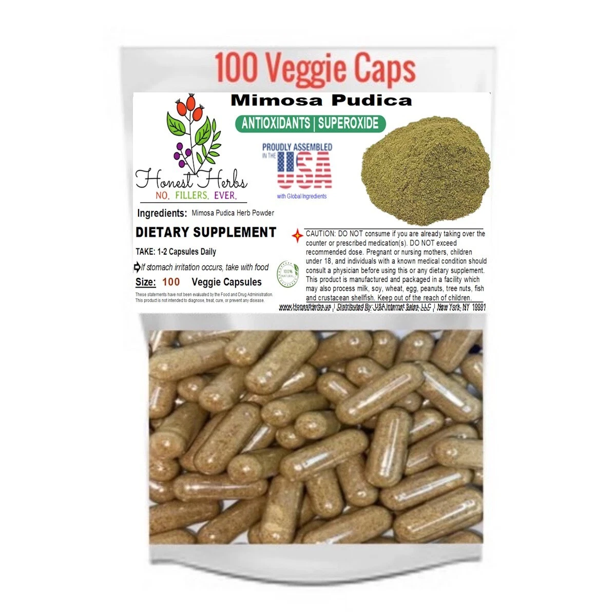 Mimosa Pudica Herb Powder Veggie Caps - Antioxidants, No Filers - 500mg, 100 Ct