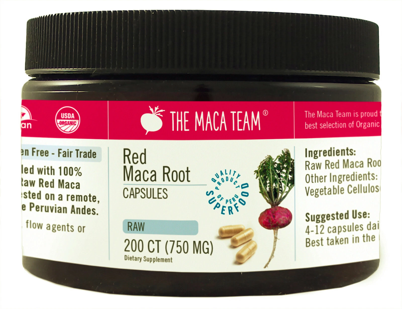 Raw Organic Red Maca Capsules - Fresh Harvest from Peru - 750 Mg, 200 Ct