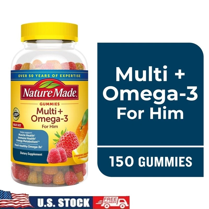 Men's Multivitamin Omega-3 Gummies Daily Support Gluten Free 150 Count New
