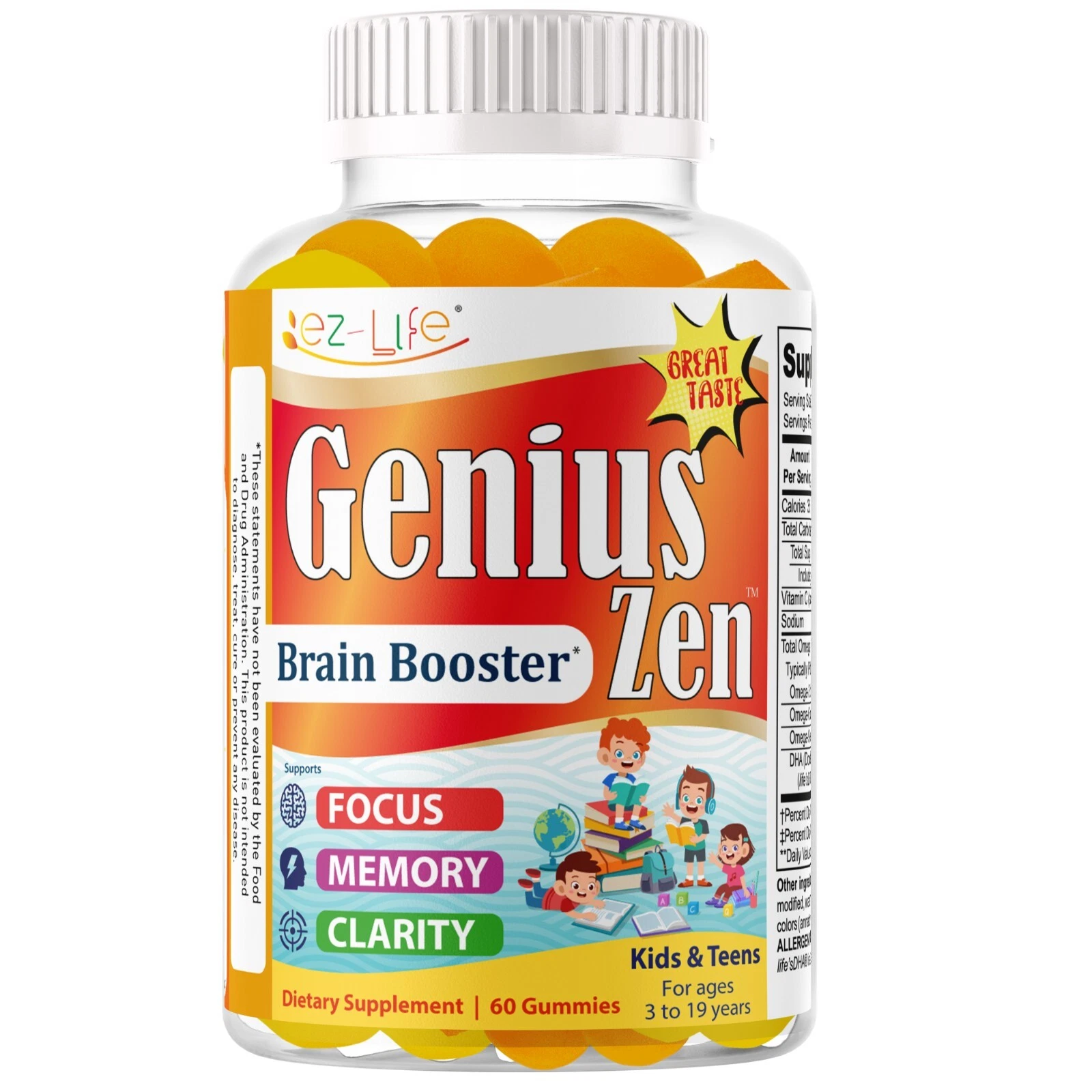 Brain Booster Focus Gummies for Kids & Teens, Omega 3 DHA Memory Supplement 60Ct