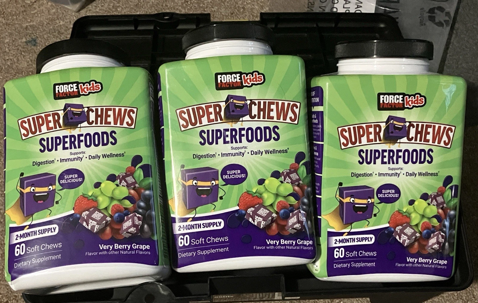 Lot Of 3 Force Factor Kids Super Chews Very Berry Grape 60 Chews Ea Exp:3/26 New
