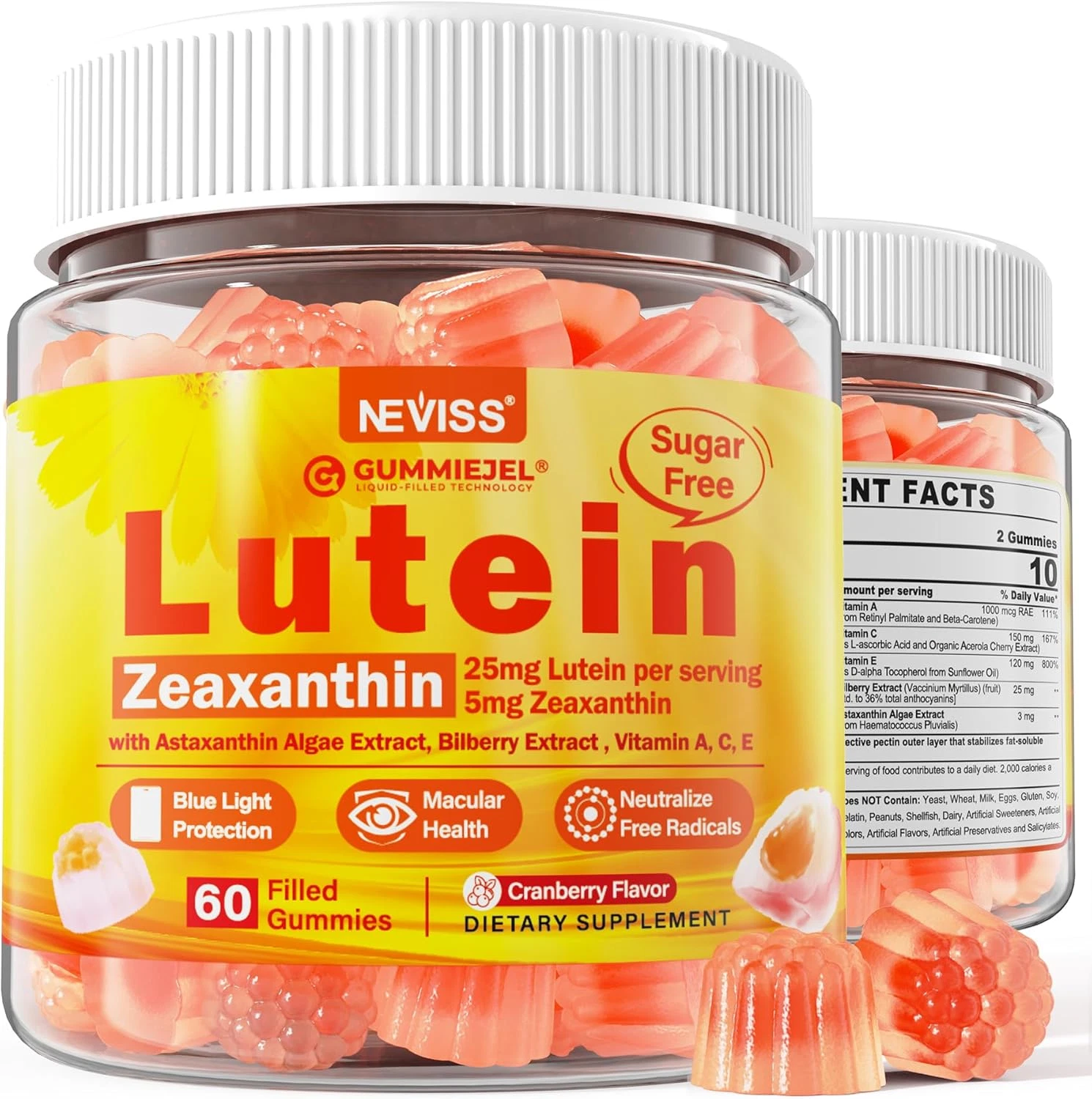 Sugar-Free Lutein Zeaxanthin Supplements Gummies (25Mg) Vitamins A, C, E, Bil...