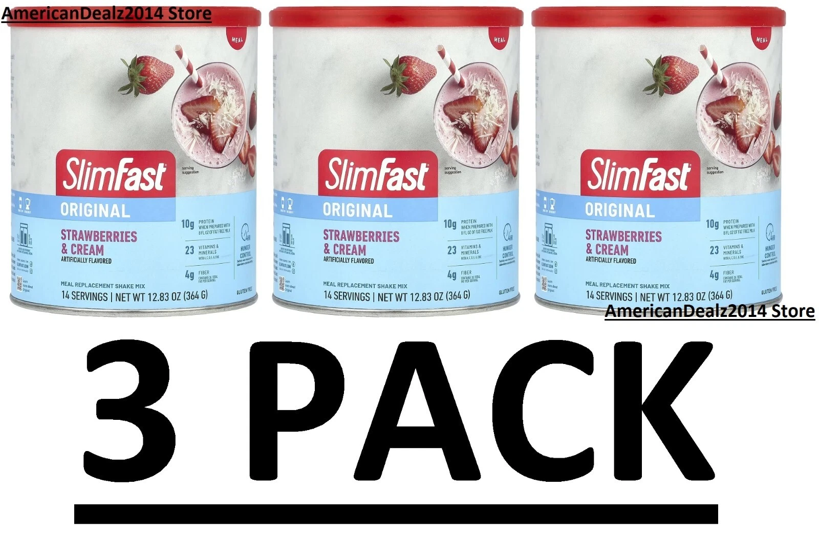 3팩 - SlimFAST 오리지널 쉐이크 딸기 & 크림 12.83온스 (총 38.49온스)