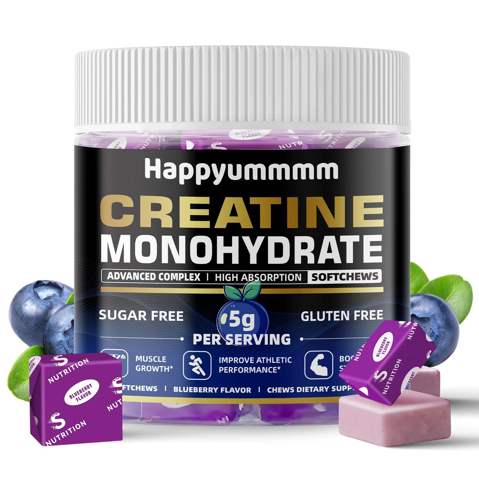 Creatine Monohydrate Chews 5g for Men & Women, Preworkout Gummy with Electrol...