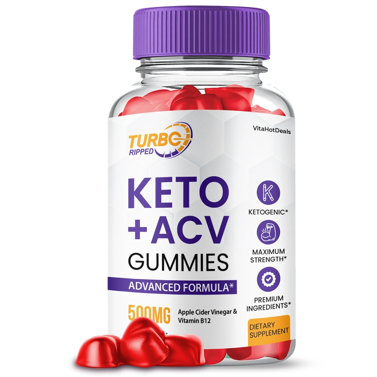 Turbo Ripped Keto ACV Gummies, Max Strength Formula for Men and Women (1 Pack)