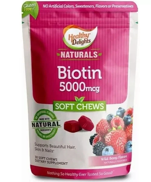 HEALTHY DELIGHTS Naturals Biotin Soft Chews 5000mcg Wild Berry, 30 Ct Exp 0925