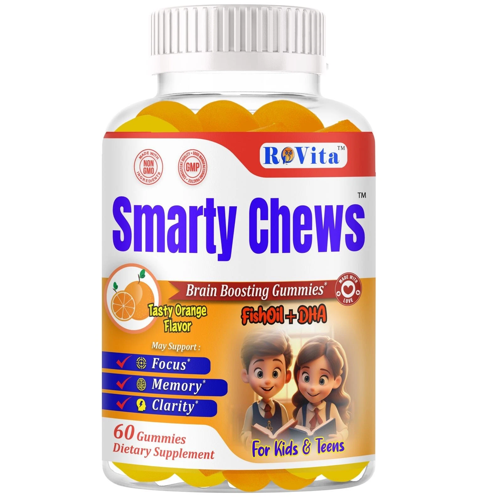 Brain Booster Memory Supplement Focus Gummies for Kids & Teens, Omega 3 & DHA 60