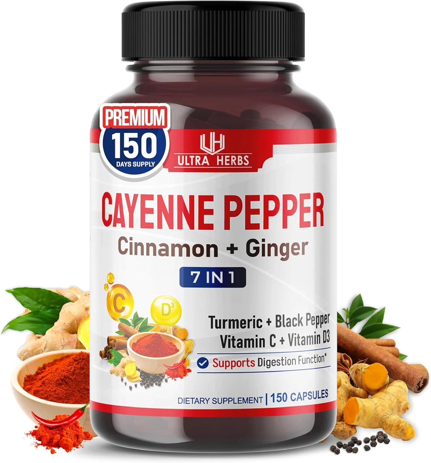 Cayenne Pepper 7 in 1 - - with Ginger, Turmeric, Cinnamon, Black Pepper - System