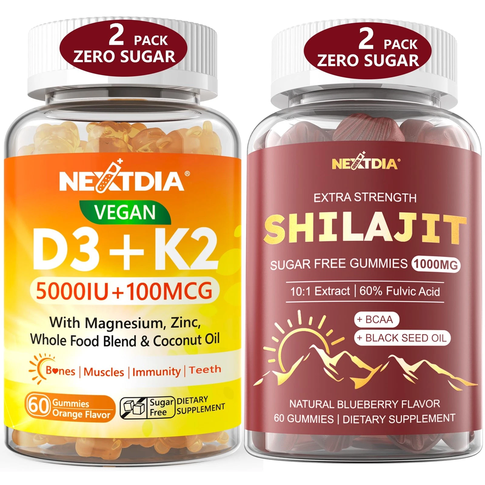Nextdia 2Pack Vegan Vitamin D3 5000IU+K2 Gummies + 2Pack Shilajit Gummies for