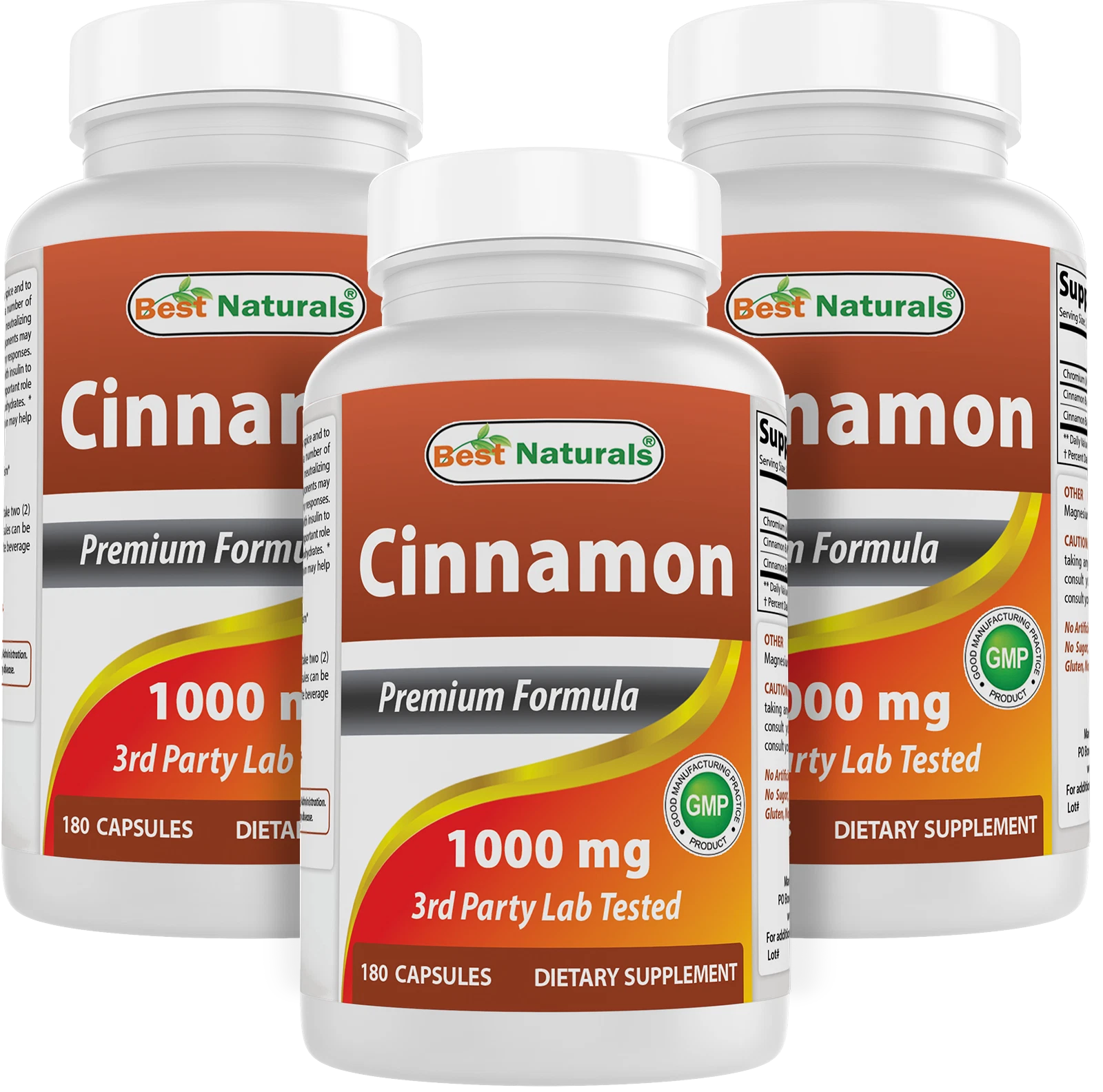 3 Pack Best Naturals Cinnamon 1000 mg with Chromium 200 mcg 180 Capsules