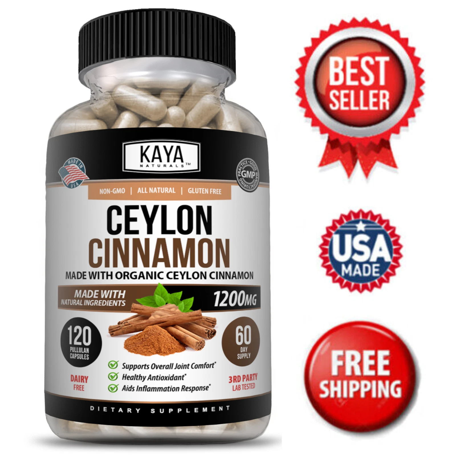 Ceylon Cinnamon Capsules 1200mg 120ct Max Potency Blood Sugar & Heart Health