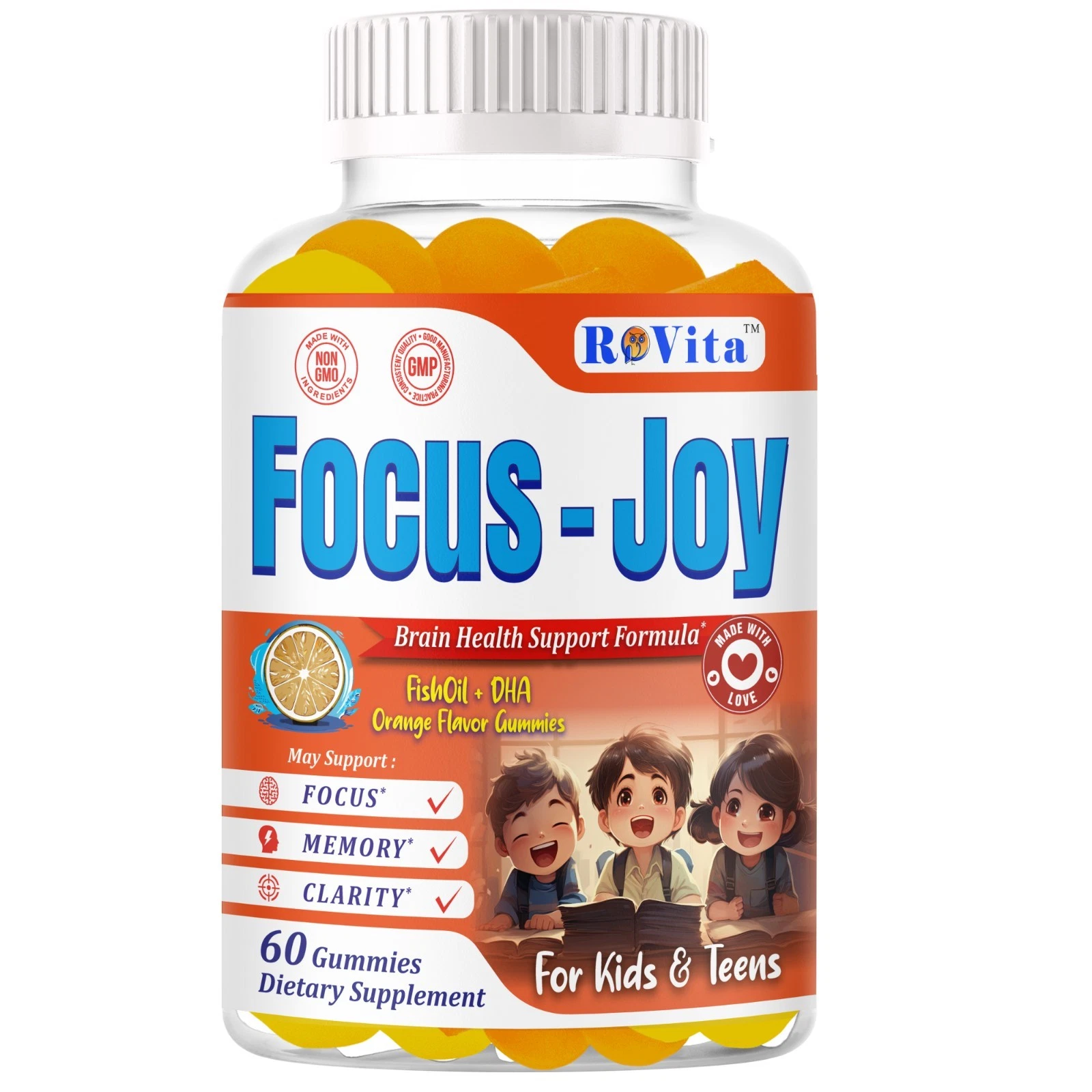 Omega 3 Fish Oil Gummies for Kids DHA Brain Health Memory Focus Supplement 60 Ct