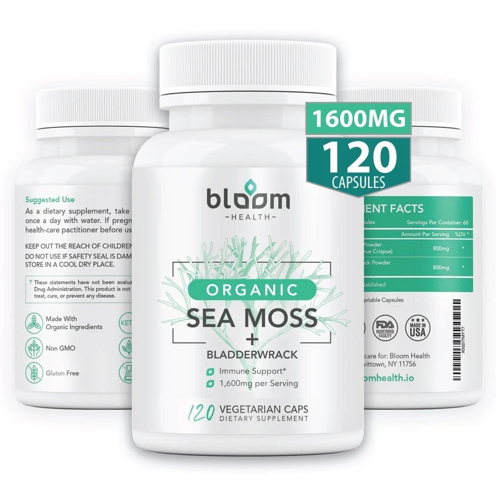Organic Sea Moss: Thyroid & Liver Support, Detox Gut Health 120 Veg Caps, 1600mg