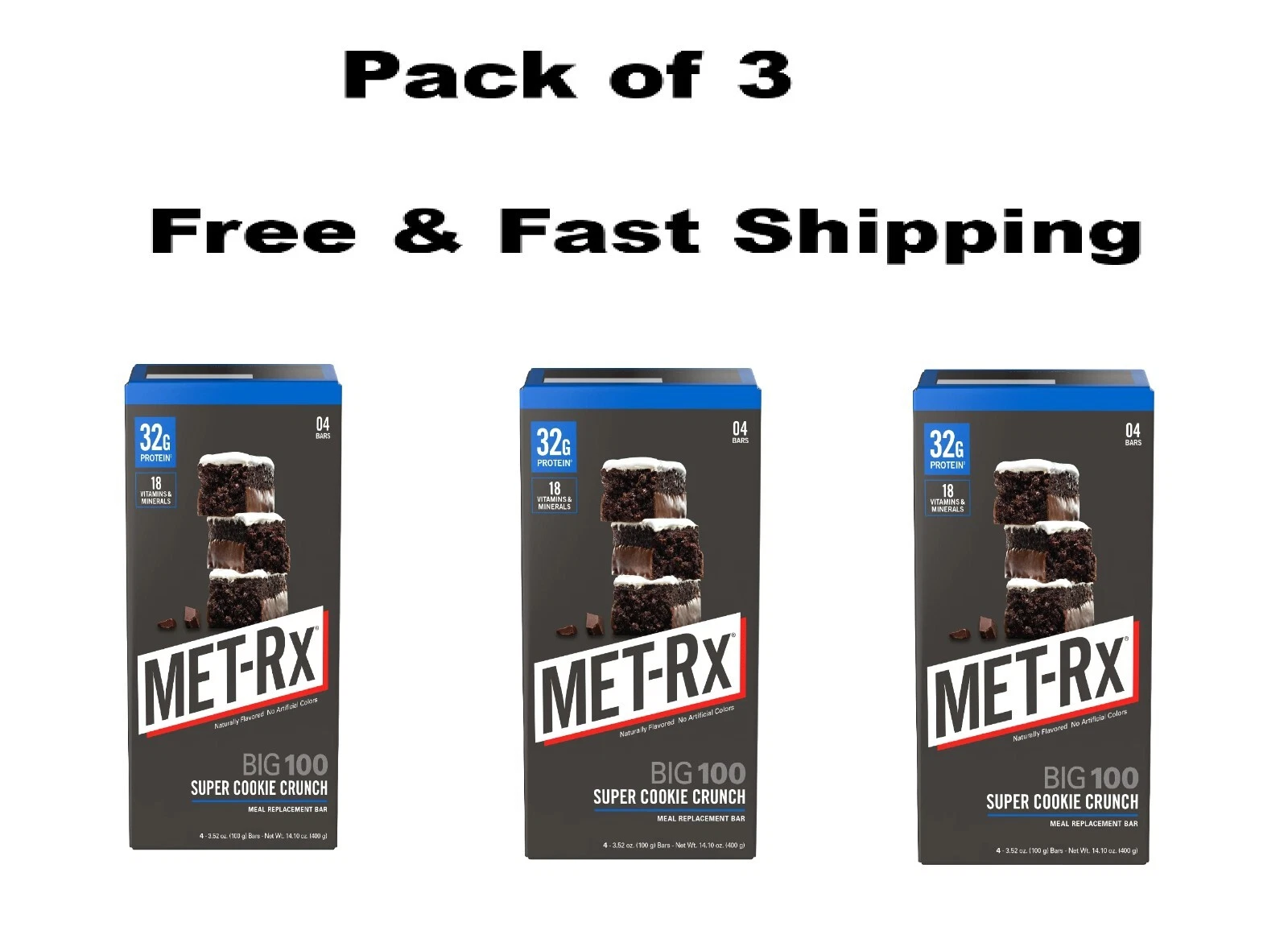 3Pack MET-Rx Big 100 High Protein Meal Replacement Bars Super Cookie Crunch 4 Ct