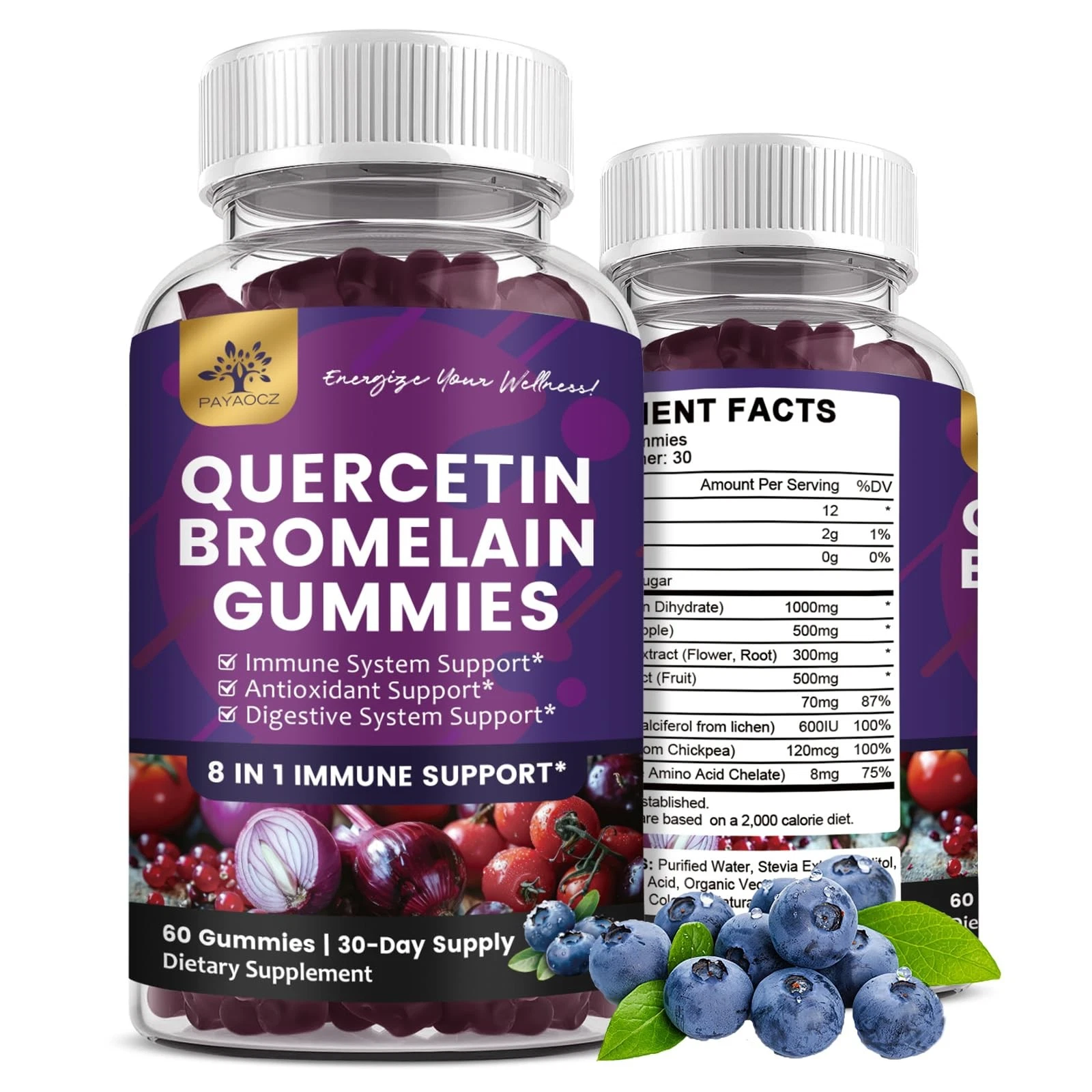 (2 Pack) Quercetin Gummies with Bromelain Zinc Elderberry Vitamin C D3 K2, Querc