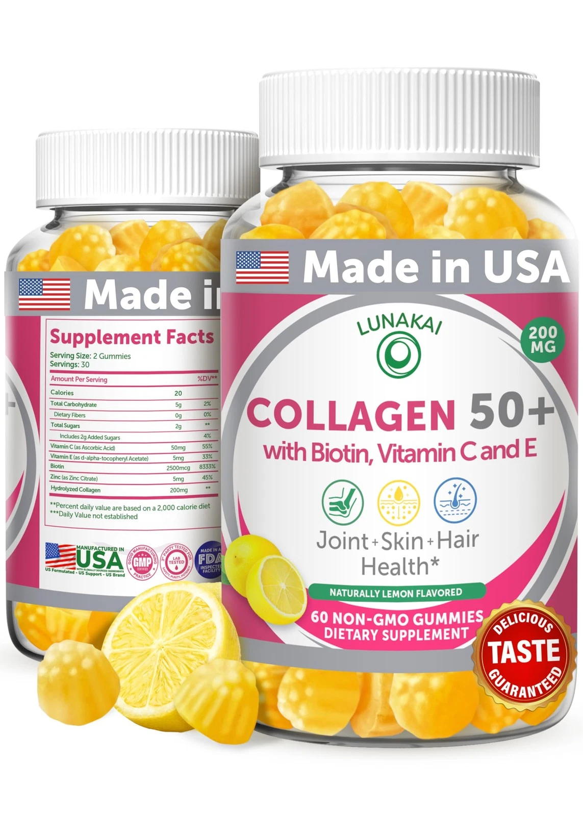 Lunakai USA Made Collagen Gummies for Women & Men Over 50, Biotin & Vitamin C, S