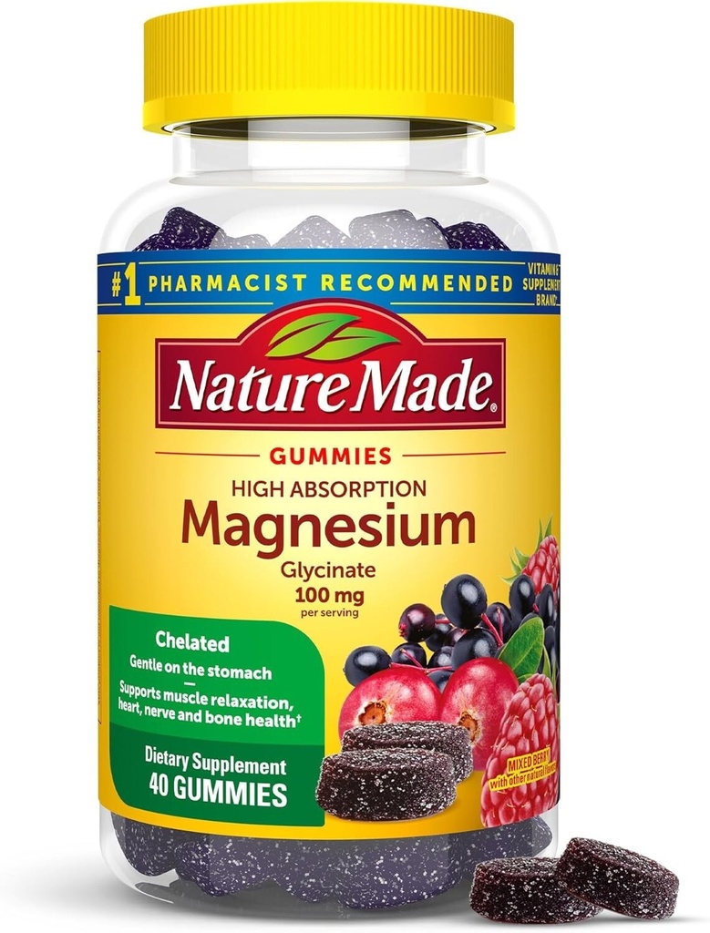 Nature Made Magnesium Glycinate Gummies 100 mg | 40 Count Mixed Berry | BB 9/25