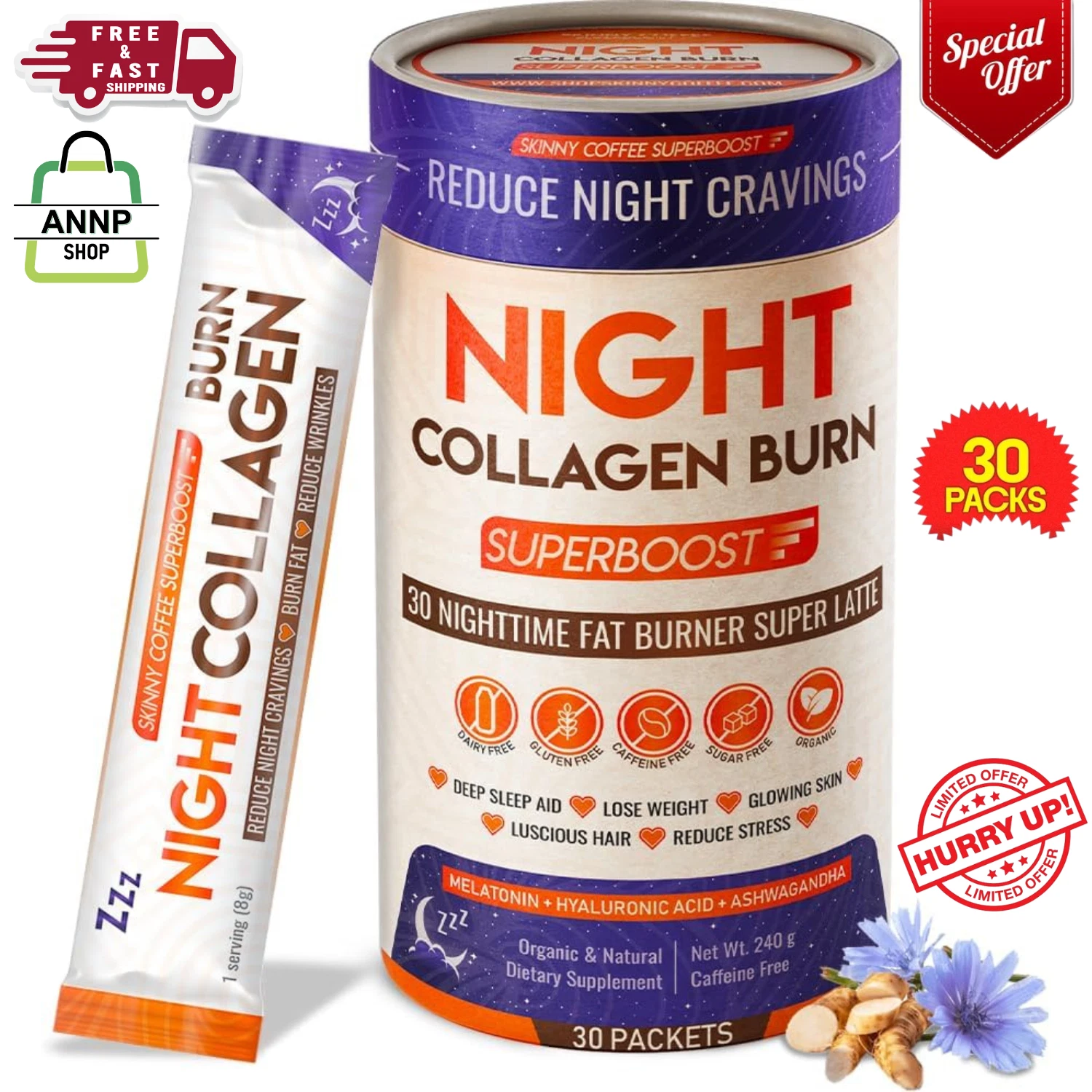 Night Collagen Burn Nighttime Fat Burner & Weight Loss Support Natural Deep Slee
