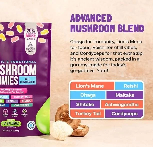 Organic Mushroom Gummies with Ashwagandha-Nutritional Supplement- 80 gummies