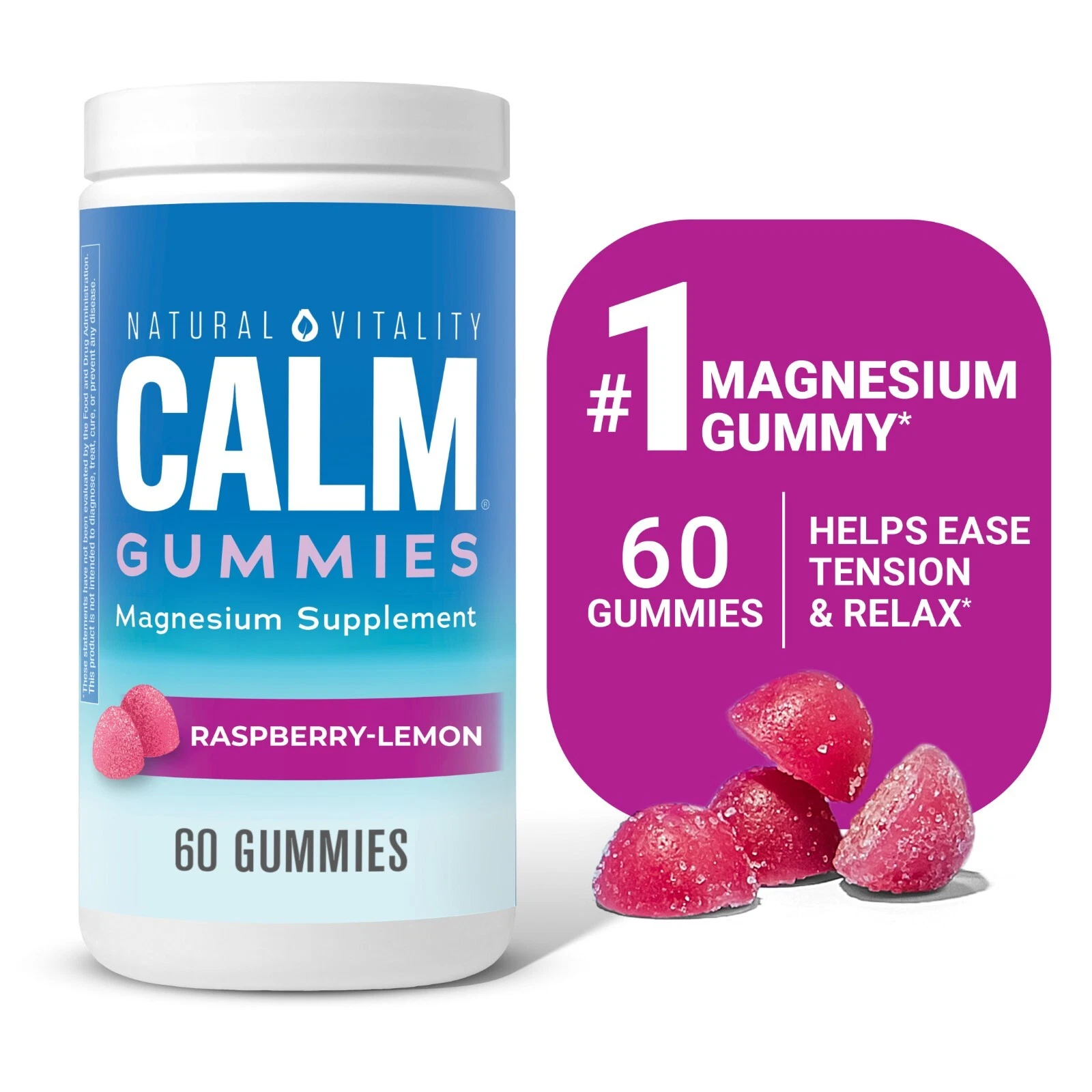 Natural Vitality Calm Gummies Magnesium Supplement Raspberry Lemon Flavored 60 C