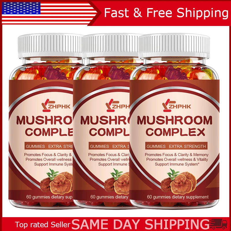 10 gomitas complejas de hongos 2500 mg, melena de león, reishi, shiitake, 3 x 60 piezas