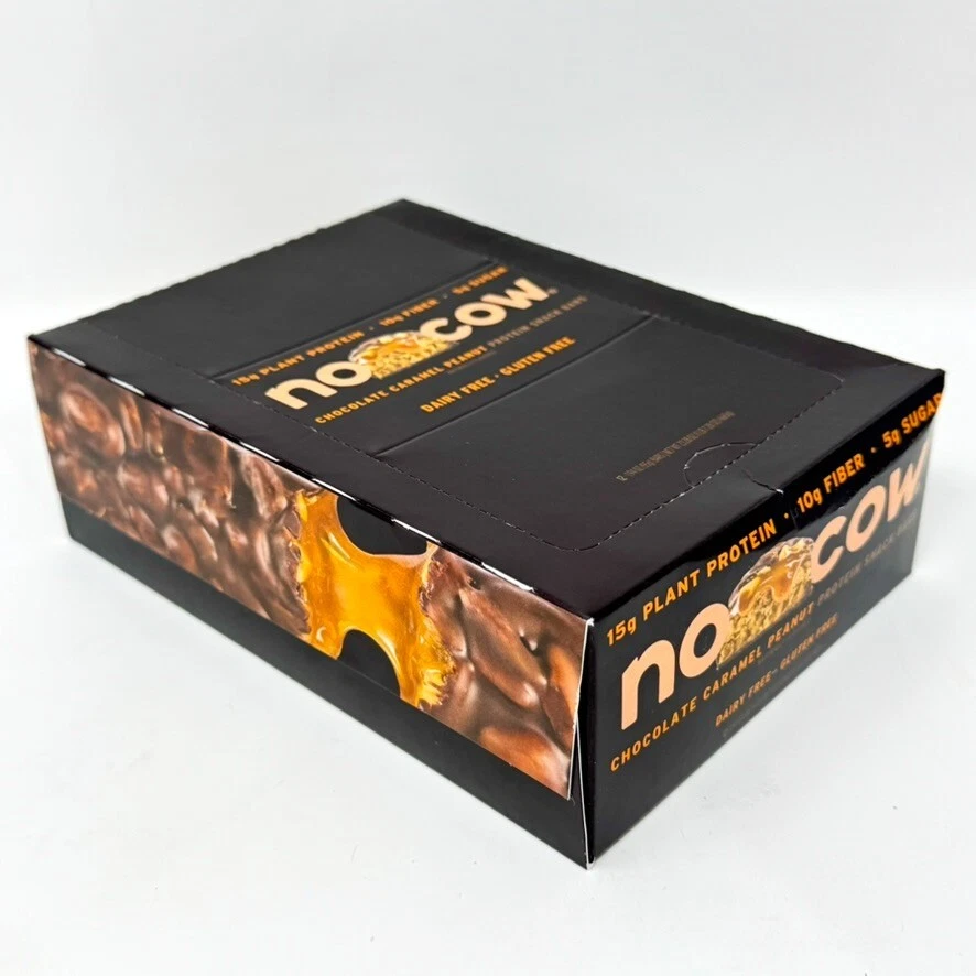 No Cow Vegan Protein Bars with Low Sugar Chocolate Caramel Peanut 12 Ct Box