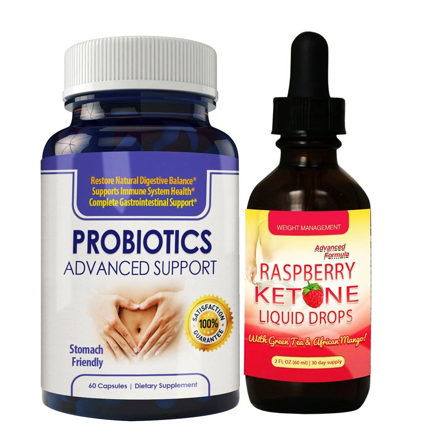Probiotic Digestive Support Capsules & Raspberry Ketone Weight Loss Drops Combo