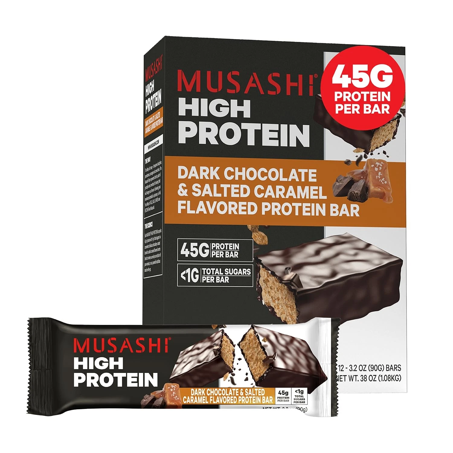 MUSASHI High Protein Bar, 45g Protein, 1g Total Sugars, Dark Chocolate &...