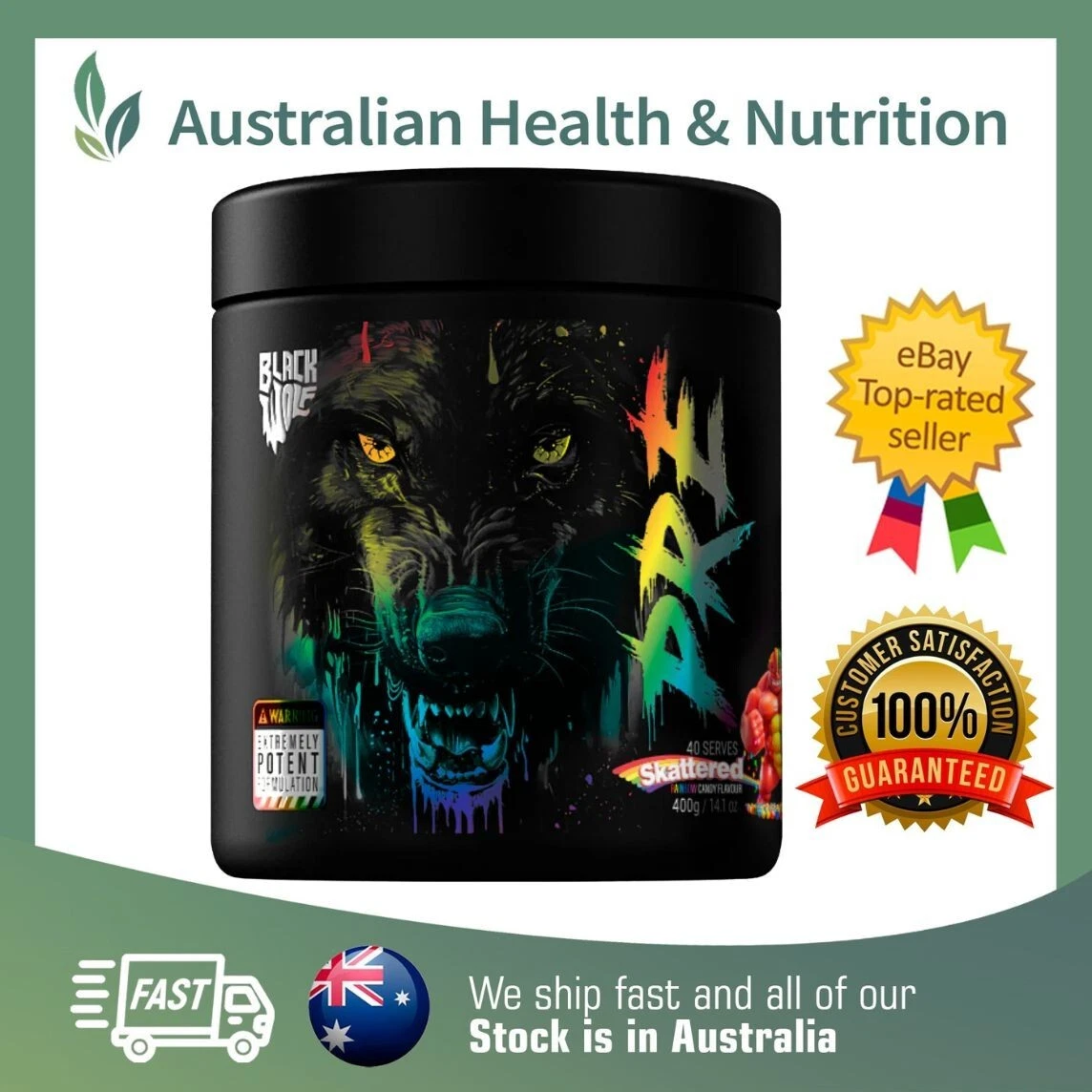 BLACK WOLF NUTRITION PRE 40 SCOOPS RAINBOW CANDY + FREE SAME DAY POST