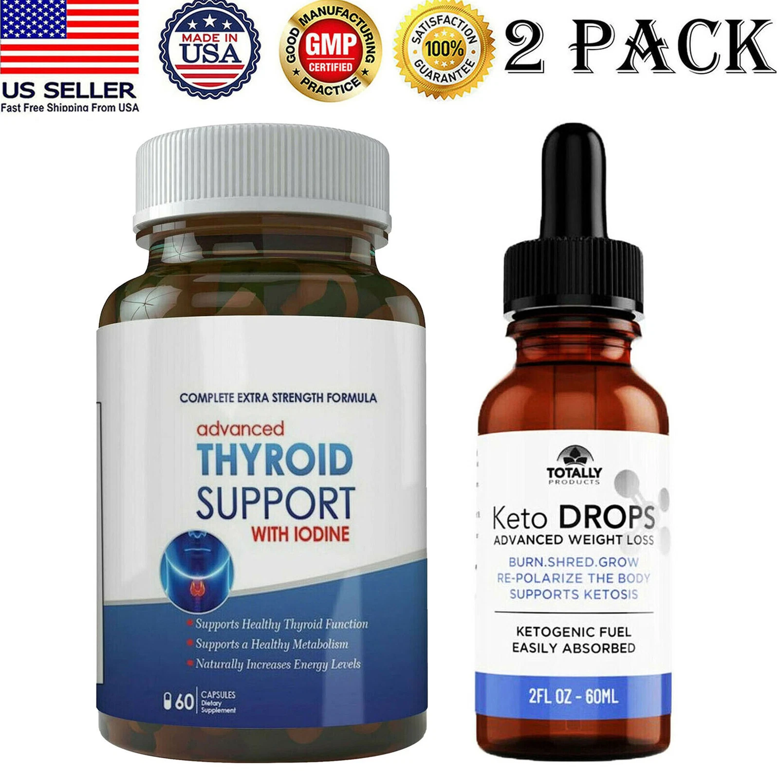 Thyroid Support with Iodine Capsules Keto Diet Liquid Weight Loss Drops 2 Pack