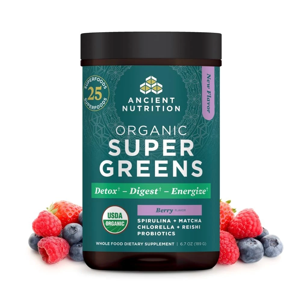 Ancient Nutrition SuperGreens Powder with Probiotics, Organic Berry Flavor Green