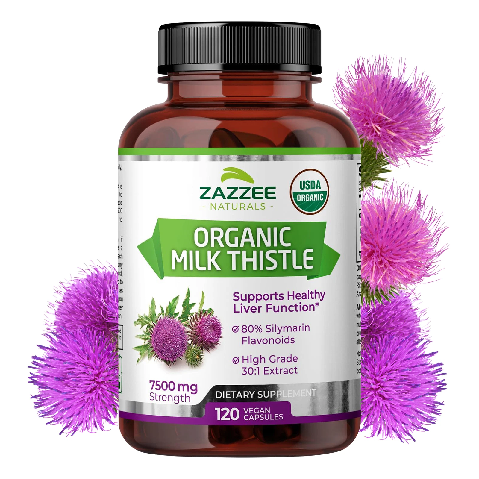 Zazzee Organic Milk Thistle 7500mg - 80% Silymarin, Liver Support Supplements