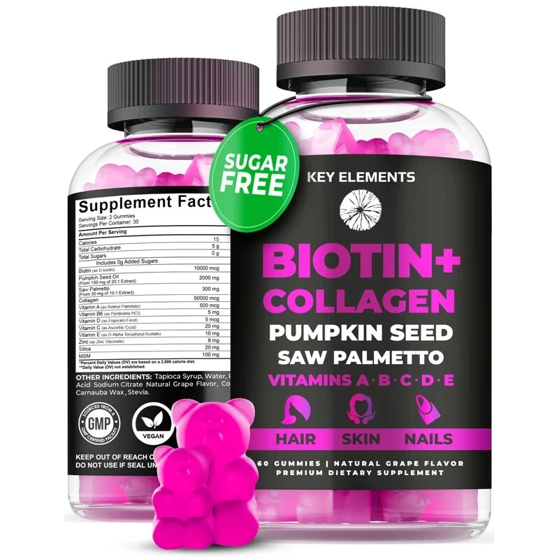 KEY ELEMENTS Hair Skin Nails 10000mcg Biotin Collagen Gummies 60 Ct Exp 0426