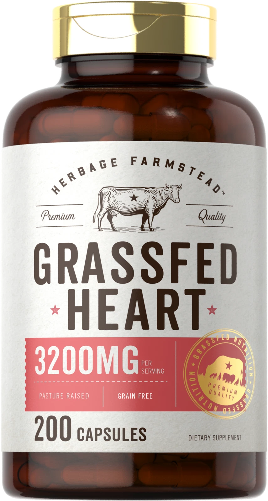 Grass Fed Beef Heart 3200mg 200 Capsules | Pasture Raised | by Herbage Farmstead