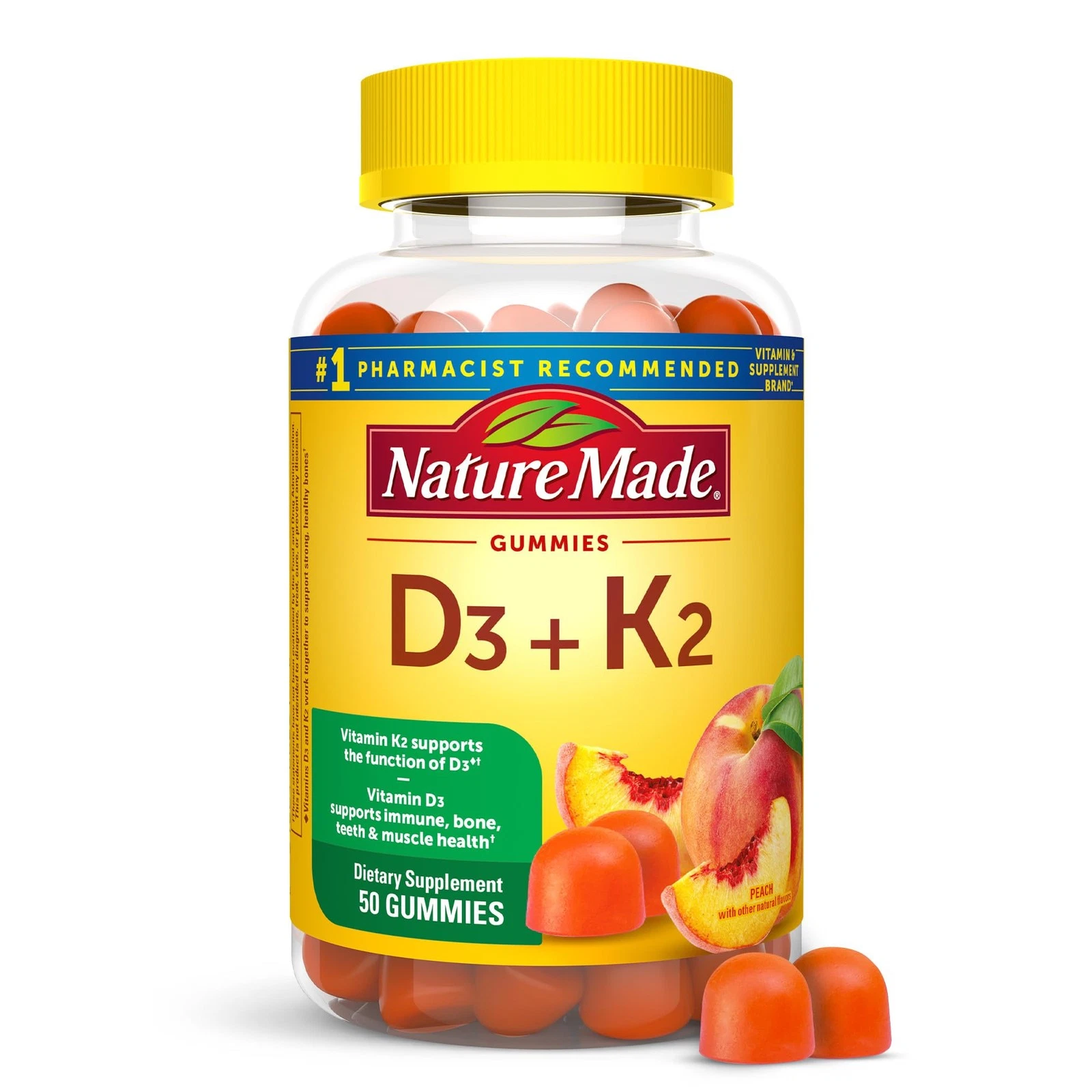 Nature Made Vitamin D3 K2 Gummies 5000 IU Peach Flavor Bone Health 50 Count