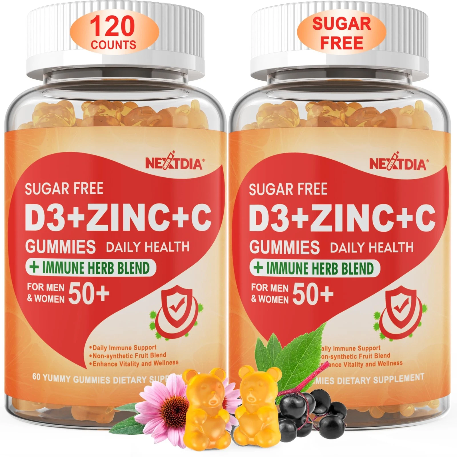 Sugar Free Vitamin C + D3 + Zinc Gummies for Adults 50 +, 9 in 1 Immune Defense