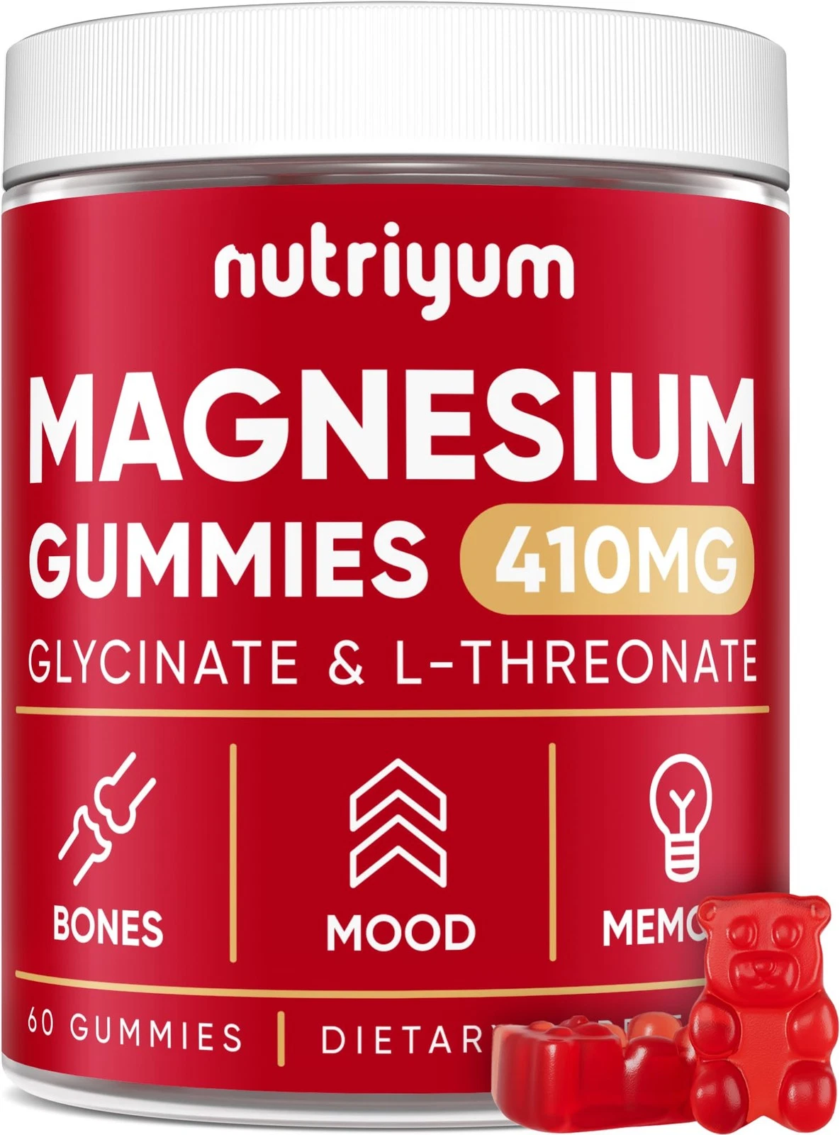 Magnesium Glycinate Gummies 410mg - Bone & Memory Support, Calm Mood - 60ct