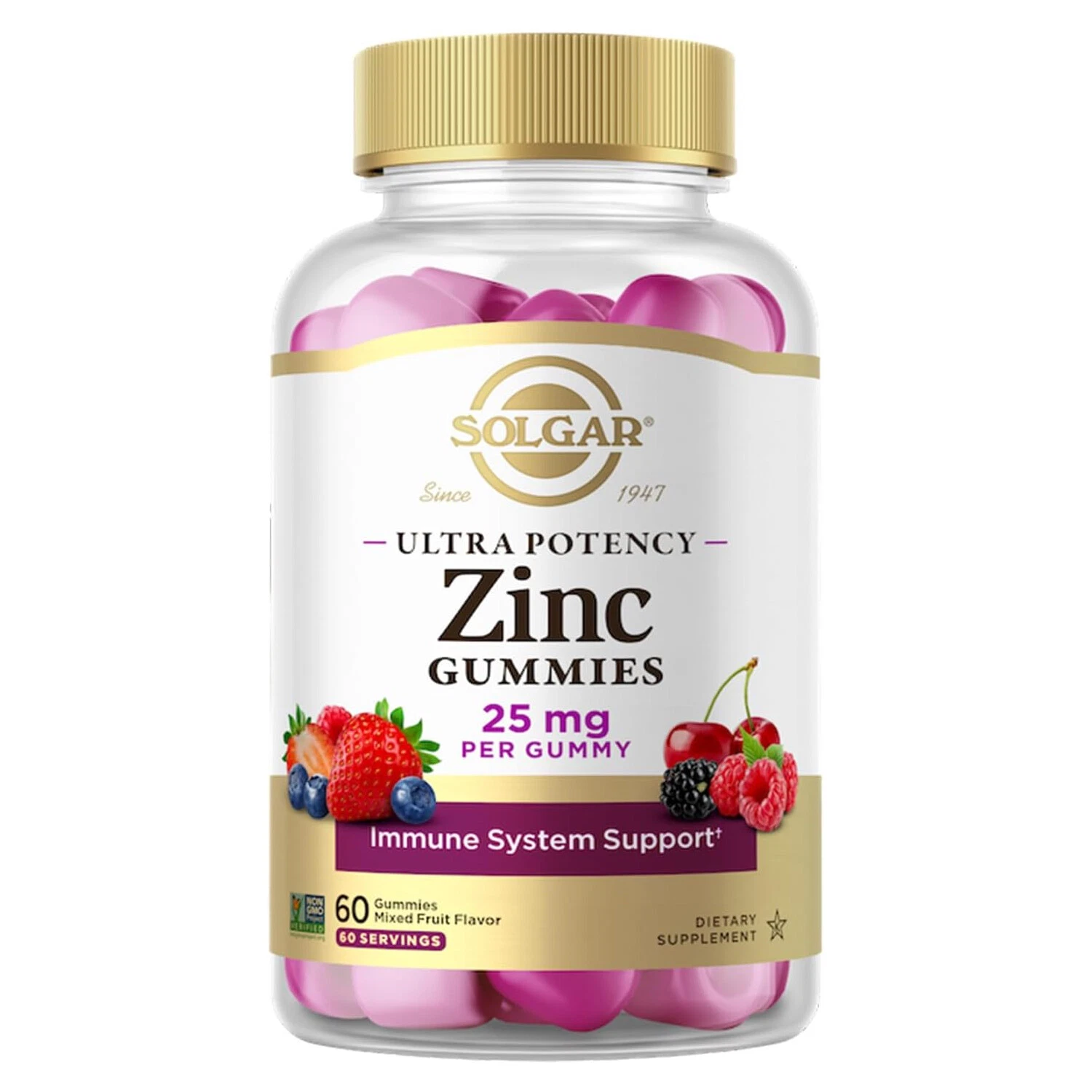Solgar Ultra Potency Zinc Gummies, 25 mg, Mixed Fruit Flavor, 60 Gummies